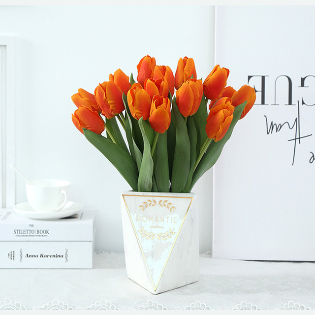 11 sztuk wysokiej jakości sztucznych tulipanów w bukiecie - prawdziwy dotyk, nawilżający, na dekoracje ślubne i wystrój domu - Wianko - 10