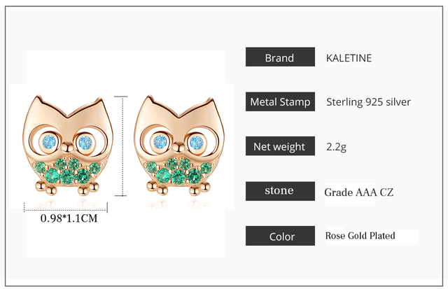 Modne kolczyki KALETINE Animal Owl 925 srebro różowe złoto CZ Charms 3D dla kobiet - Wianko - 2