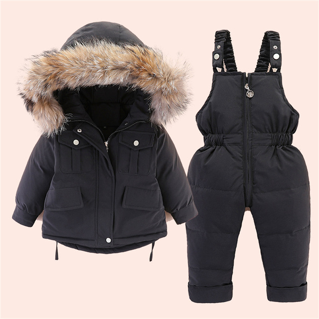 Zimowa kurtka puchowa dziecięca, chłopcy i dziewczęta, dwuczęściowy kombinezon z futrzanym kołnierzem, wysokiej jakości - Wianko - 3