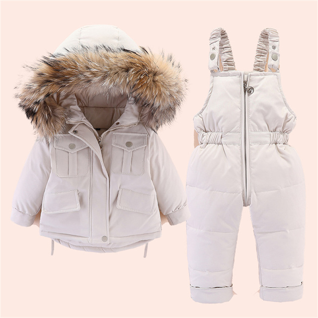 Zimowa kurtka puchowa dziecięca, chłopcy i dziewczęta, dwuczęściowy kombinezon z futrzanym kołnierzem, wysokiej jakości - Wianko - 5