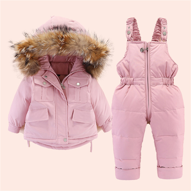 Zimowa kurtka puchowa dziecięca, chłopcy i dziewczęta, dwuczęściowy kombinezon z futrzanym kołnierzem, wysokiej jakości - Wianko - 4