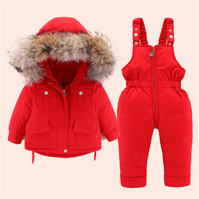 Zimowa kurtka puchowa dziecięca, chłopcy i dziewczęta, dwuczęściowy kombinezon z futrzanym kołnierzem, wysokiej jakości - Wianko - 2
