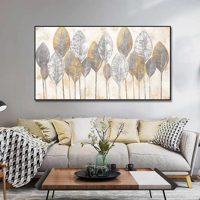 Nowoczesny plakat obraz na płótnie ze złotym liściem - abstrakcyjny krajobraz do salonu - Wianko - 2