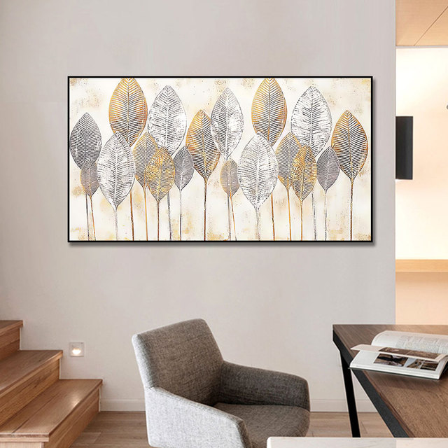 Nowoczesny plakat obraz na płótnie ze złotym liściem - abstrakcyjny krajobraz do salonu - Wianko - 5