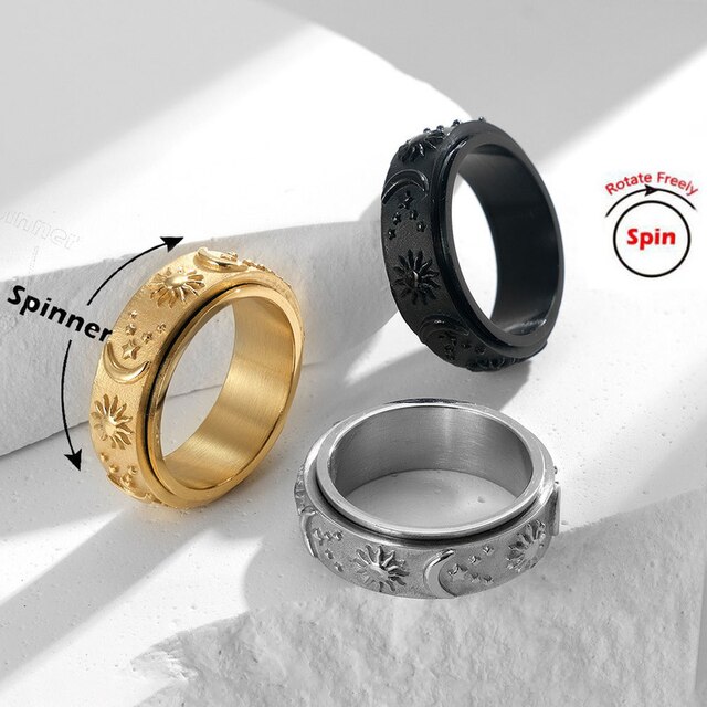 Pierścień obracający się New Star Moon Sun z tytanowej stali - biżuteria dla mężczyzn i kobiet - Wianko - 1