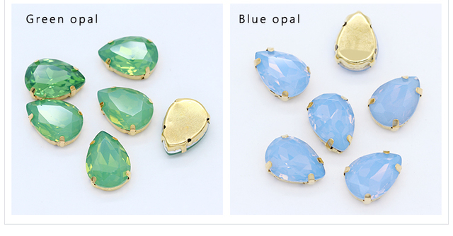 Koraliki 12p 10x14mm i 13x18mm teardrop opal biały/zielony/różowy/niebieski z kryształowym złotym pazurkiem, szycie rhinestone, biżuteria craft z kamieniem szklanym - Wianko - 4