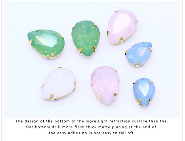 Koraliki 12p 10x14mm i 13x18mm teardrop opal biały/zielony/różowy/niebieski z kryształowym złotym pazurkiem, szycie rhinestone, biżuteria craft z kamieniem szklanym - Wianko - 7