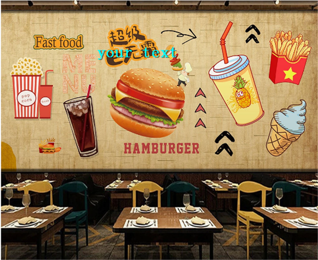 Niestandardowa tapeta 3D z motywem smażonych hamburgerów do wnętrz restauracji - Wianko - 1