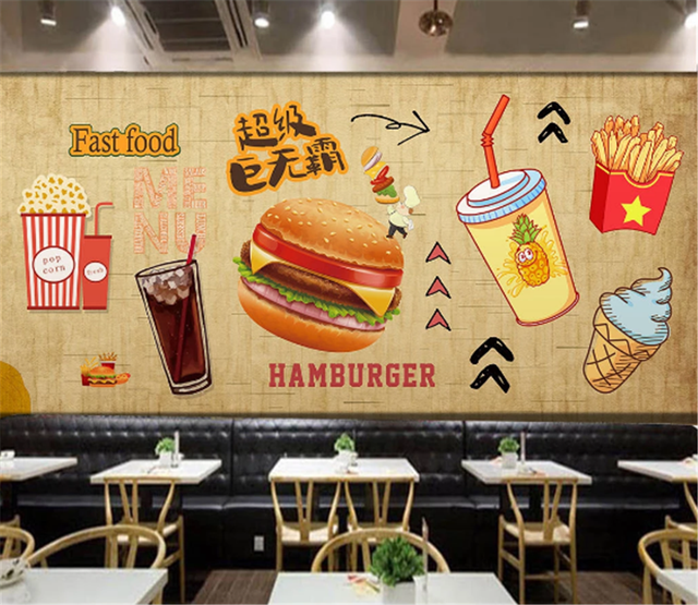 Niestandardowa tapeta 3D z motywem smażonych hamburgerów do wnętrz restauracji - Wianko - 2