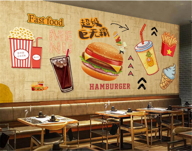 Niestandardowa tapeta 3D z motywem smażonych hamburgerów do wnętrz restauracji - Wianko - 3