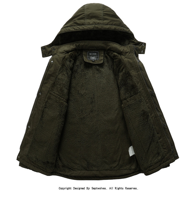 Ocieplana bawełniana kurtka męska z kapturem - średnia długość, pluszowe wykończenie, zagęszczona izolacja na zimno, idealna do trekkingu na świeżym powietrzu - Wianko - 8