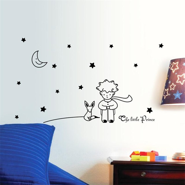 Naklejka ścienno-dekoracyjna Mały książę z kotem, księżycem, gwiazdami - idealna ozdoba dziecięcego pokoju - Wianko - 1