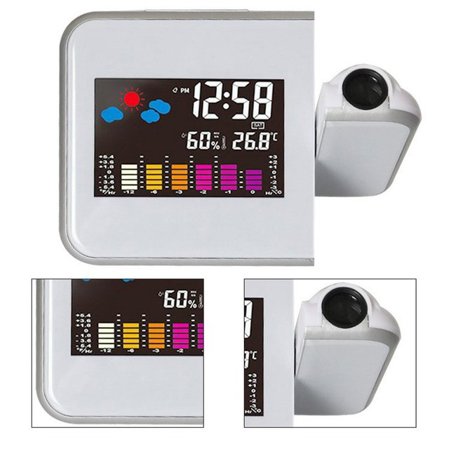 Projektor zegar biurkowy LED, kolorowe diody, wyświetlanie cyfrowe temperatury, termometr i higrometr, czarny/biały - Wianko - 1