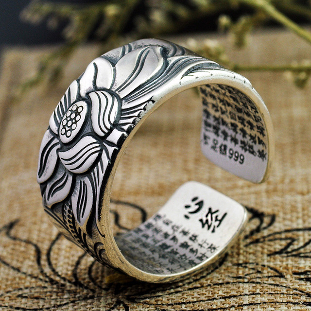 Pierścień V.YA 999 srebrny z kwiatem lotosu - budda lotosu, buddyjskie pismo, piękna biżuteria - Wianko - 6