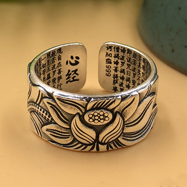 Pierścień V.YA 999 srebrny z kwiatem lotosu - budda lotosu, buddyjskie pismo, piękna biżuteria - Wianko - 7