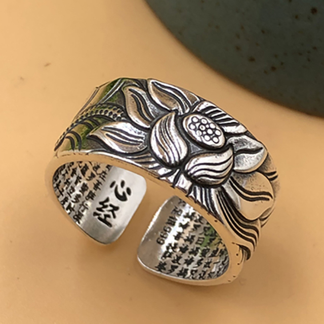 Pierścień V.YA 999 srebrny z kwiatem lotosu - budda lotosu, buddyjskie pismo, piękna biżuteria - Wianko - 8
