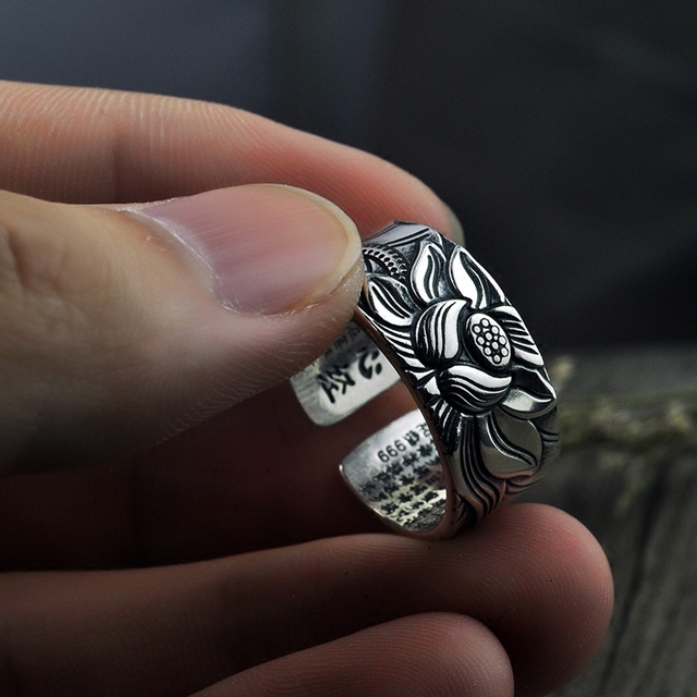 Pierścień V.YA 999 srebrny z kwiatem lotosu - budda lotosu, buddyjskie pismo, piękna biżuteria - Wianko - 10