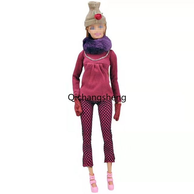 Zimowe ubrania dla lalki Barbie: długie rękawy, koszula, spodnie, kapelusz, rękawiczki, buty - Wianko - 2