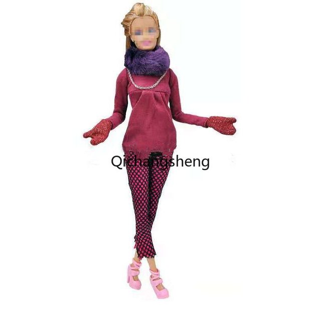 Zimowe ubrania dla lalki Barbie: długie rękawy, koszula, spodnie, kapelusz, rękawiczki, buty - Wianko - 1