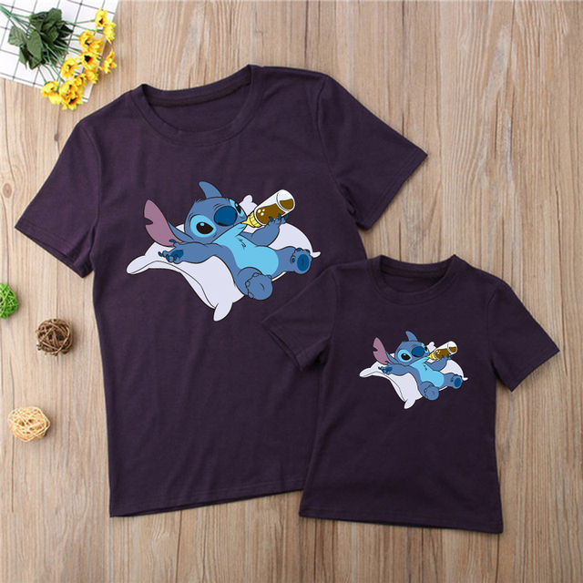 Czarne bluzki - New Arrival Disney Lilo Stitch - stroje rodzinne: kobiety T-shirt, ubrania dzieci, Humor koszulki z krótkim rękawem O-neck - Wianko - 14