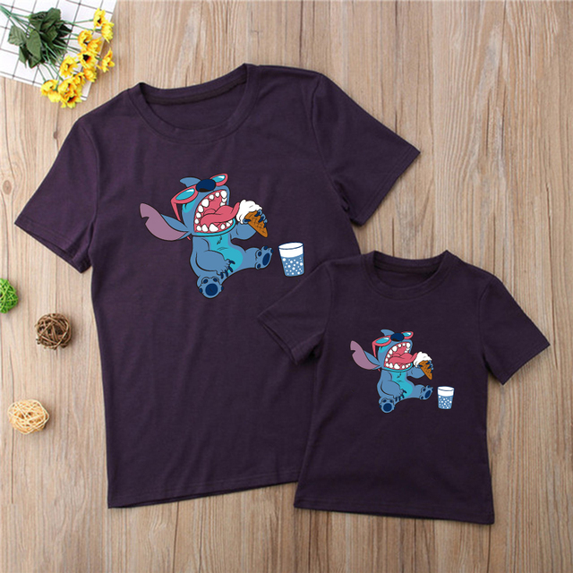 Czarne bluzki - New Arrival Disney Lilo Stitch - stroje rodzinne: kobiety T-shirt, ubrania dzieci, Humor koszulki z krótkim rękawem O-neck - Wianko - 8