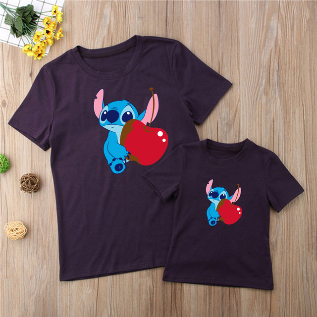 Czarne bluzki - New Arrival Disney Lilo Stitch - stroje rodzinne: kobiety T-shirt, ubrania dzieci, Humor koszulki z krótkim rękawem O-neck - Wianko - 15