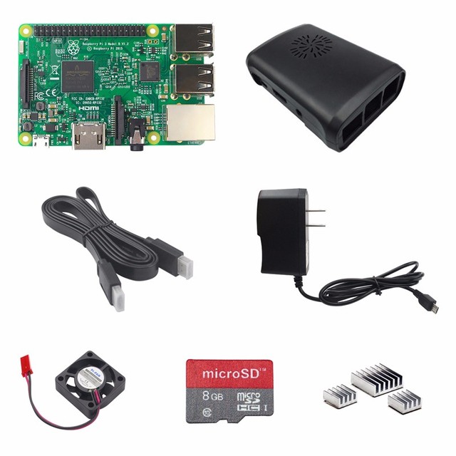 Raspberry Pi 3 Model B z etui, ładowarką, kablem HDMI, wentylatorem chłodzącym, kartą SD 8G klasy 10 i aluminiowym radiatorem - Wianko - 1