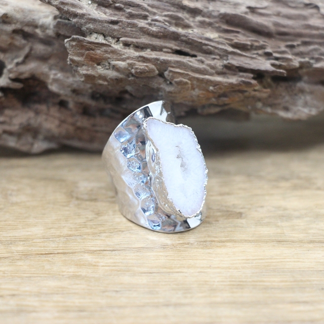 Naturalny pierścień z kryształem agaty Druzy kamienia, biżuteria ze srebrzystym regulowanym pierścieniem moda kobiety, QC4065 - Wianko - 1