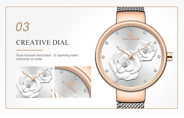 Zegarek damski NAVIFORCE 2021, wodoodporny, luksusowy, z kwiatowym wzorem - Wianko - 7