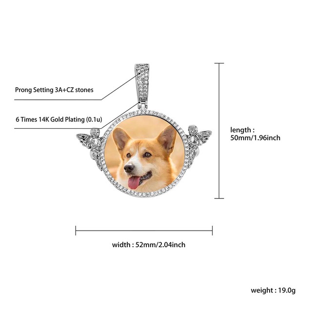 Niestandardowy naszyjnik z aniołem TOPGRILLZ, wisiorek okrągły z personalizowanym zdjęciem, zdobiony mikropawiami i cyrkoniami CZ - mężczyznom i kobietom - Wianko - 11