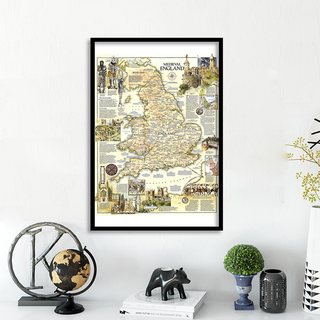 Mapa średniowiecznej Anglii 60x90cm - plakat artystyczny na winylowym płótnie HD, idealny do salonu i dekoracji domu - Wianko - 1