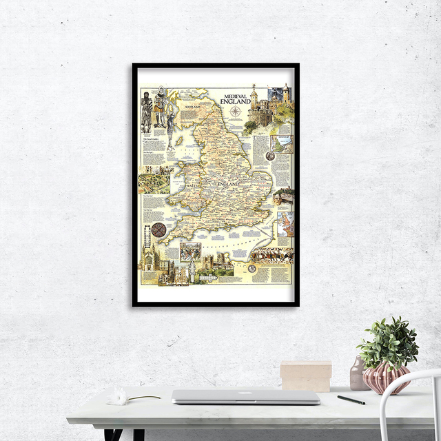 Mapa średniowiecznej Anglii 60x90cm - plakat artystyczny na winylowym płótnie HD, idealny do salonu i dekoracji domu - Wianko - 2