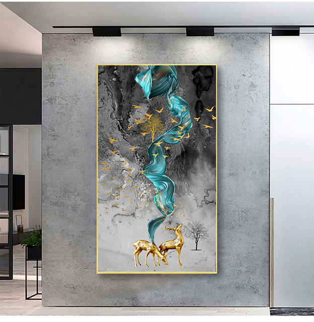 Duży obraz abstrakcyjnego złotego jelenia z niebieskim nadrukiem na płótnie - sztuka nowoczesna do salonu - Wianko - 8