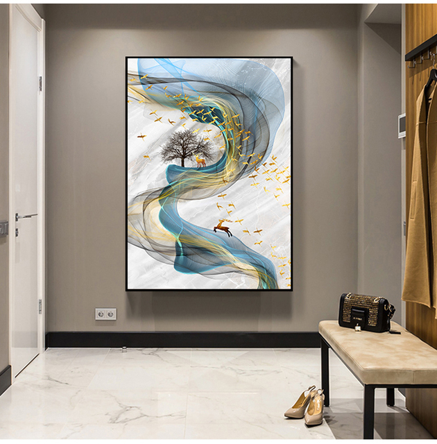 Duży obraz abstrakcyjnego złotego jelenia z niebieskim nadrukiem na płótnie - sztuka nowoczesna do salonu - Wianko - 7