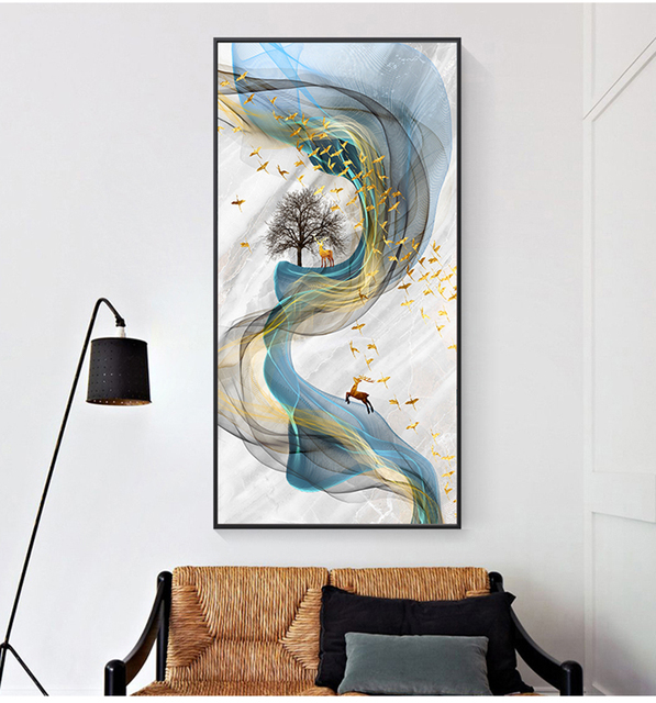 Duży obraz abstrakcyjnego złotego jelenia z niebieskim nadrukiem na płótnie - sztuka nowoczesna do salonu - Wianko - 4