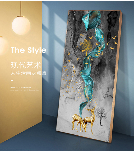 Duży obraz abstrakcyjnego złotego jelenia z niebieskim nadrukiem na płótnie - sztuka nowoczesna do salonu - Wianko - 5