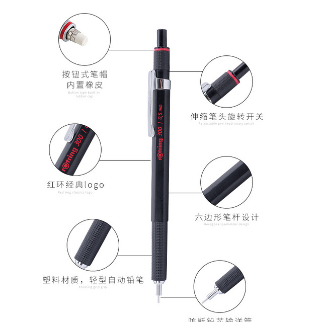 Rotring 300 - ołówek mechaniczny 0.5/0.7/2.0mm, metalowy uchwyt, czarny, szkolne kredki projektowe - Wianko - 9