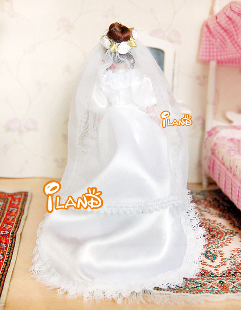 Miniaturowa lalka porcelanowa panna młoda, 1:12, długa biała suknia ślubna - Wianko - 3