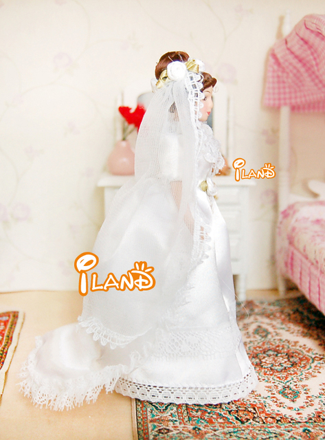 Miniaturowa lalka porcelanowa panna młoda, 1:12, długa biała suknia ślubna - Wianko - 2