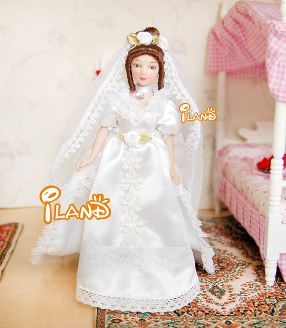 Miniaturowa lalka porcelanowa panna młoda, 1:12, długa biała suknia ślubna - Wianko - 1