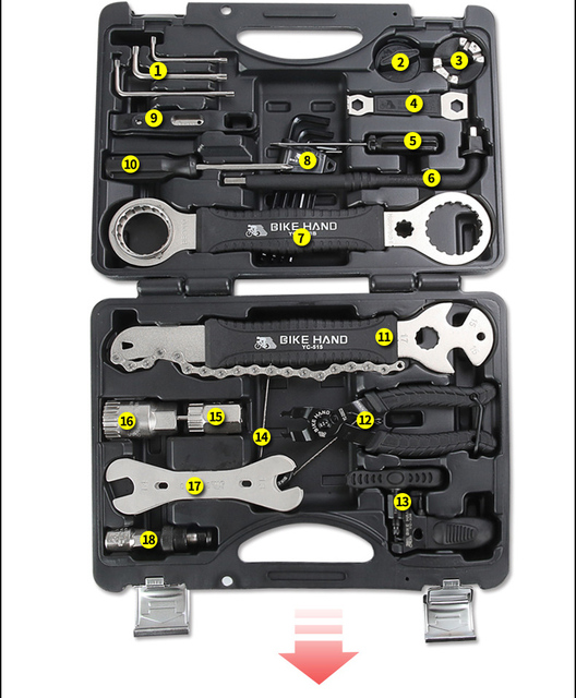 Zestaw narzędzi serwisowych rowerowych BIKEHAND YC-721, 18 in 1, do naprawy korby BB, dolnego wspornika piasty, koła wolnobieżnego, pedała, szprych oraz łańcucha - Wianko - 14