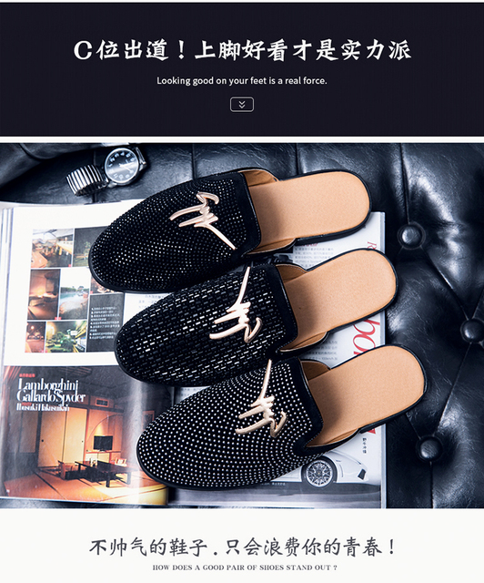 Mokasyny męskie luksusowe Backless czarne diamenty Retro płaskie kolekcjonerskie pantofle Chaussure Homme - Wianko - 3