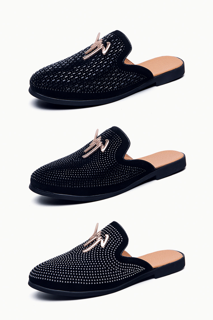 Mokasyny męskie luksusowe Backless czarne diamenty Retro płaskie kolekcjonerskie pantofle Chaussure Homme - Wianko - 16