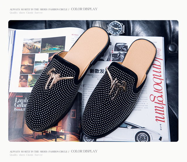 Mokasyny męskie luksusowe Backless czarne diamenty Retro płaskie kolekcjonerskie pantofle Chaussure Homme - Wianko - 5