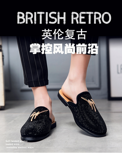 Mokasyny męskie luksusowe Backless czarne diamenty Retro płaskie kolekcjonerskie pantofle Chaussure Homme - Wianko - 2
