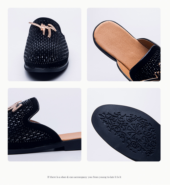 Mokasyny męskie luksusowe Backless czarne diamenty Retro płaskie kolekcjonerskie pantofle Chaussure Homme - Wianko - 12