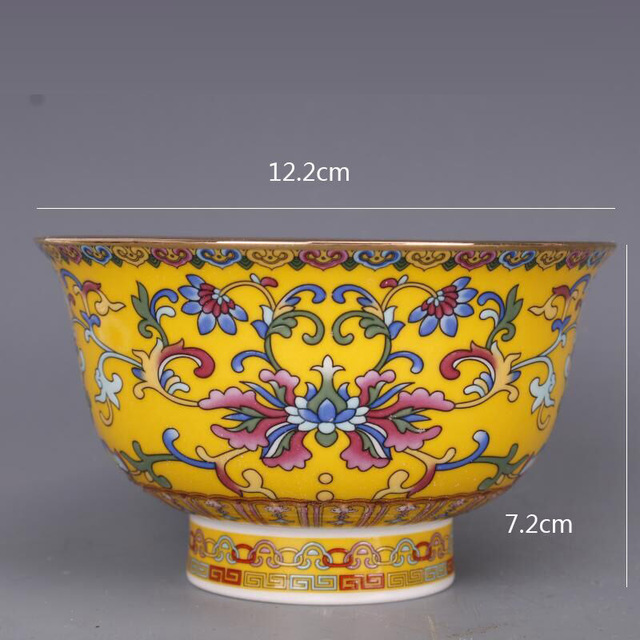 Miska porcelanowa Dynastii Qing Qianlong z żółtym pastelowym wzorem emalii - antyk - Wianko - 1