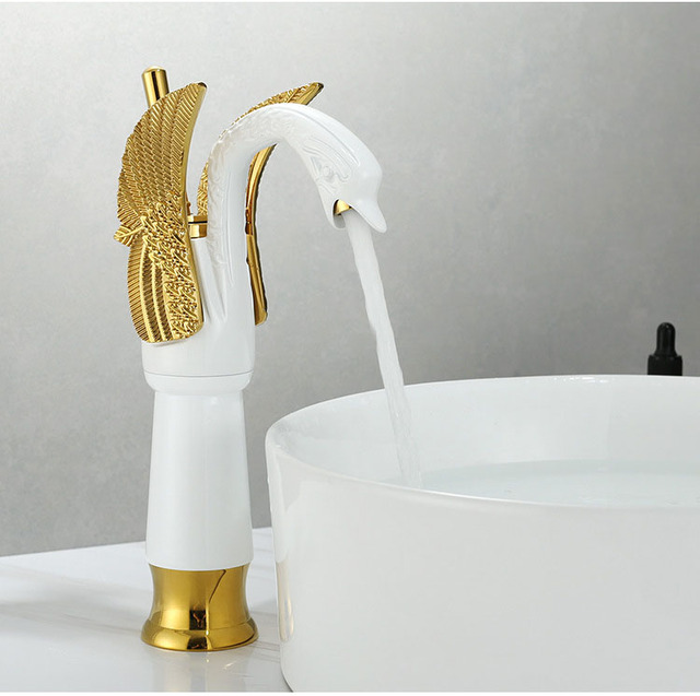 Baterie umywalkowe - Złoty biały łabędź, jedno otwór, uchwyt w kształcie miksera, z gorącą i zimną wodą - Wianko - 10