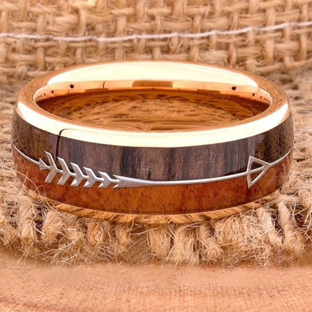 Pierścień obrączkowy męski 8MM z różowego złota, wolframu i drewna karbidowego z inkrustowaną strzałką - biżuteria ślubna - Wianko - 5