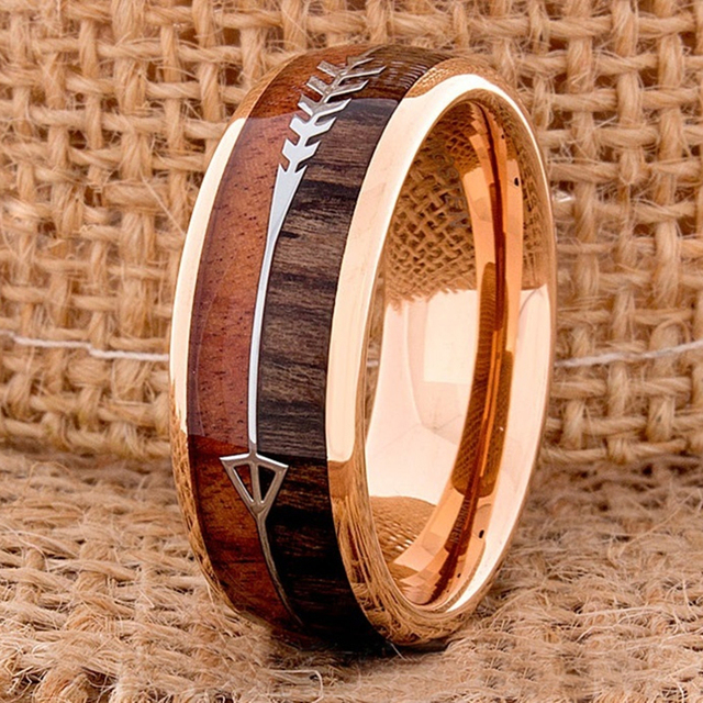 Pierścień obrączkowy męski 8MM z różowego złota, wolframu i drewna karbidowego z inkrustowaną strzałką - biżuteria ślubna - Wianko - 1